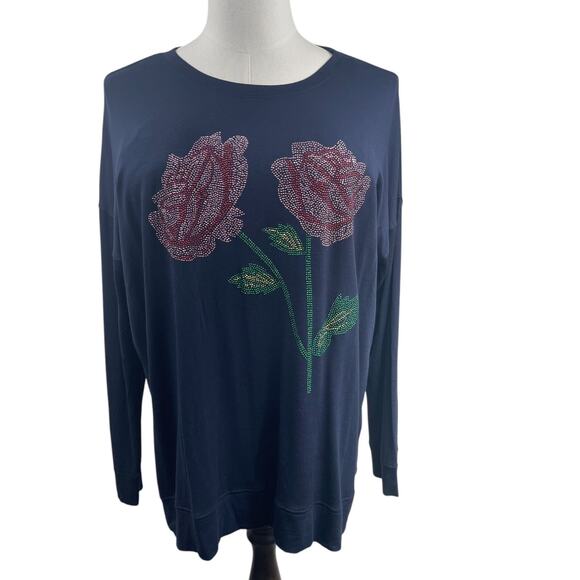 Joei & i Women's 2X Navy Top Rhinestone Rose Flower Long Sleeve Lightweight Cute - Picture 1 of 7